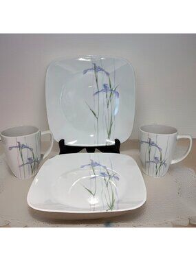 Vintage Corelle Shadow Iris 2 Square Luncheon Plates 9" & 2 Mugs Impressions
